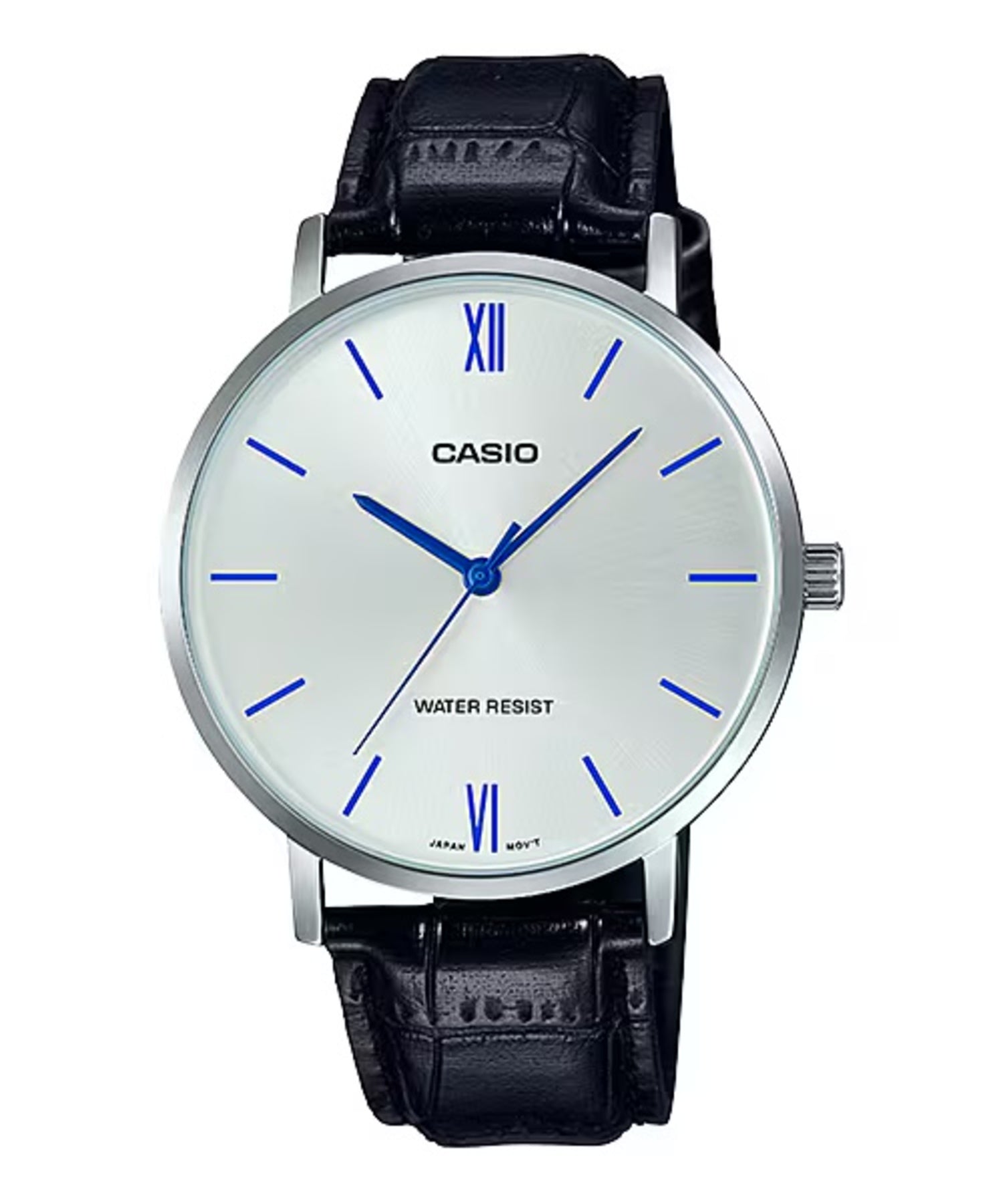 Casio MenÕs Silver Analog Watch with Blue Accents and Leather Strap - MTP-VT01L-7B1