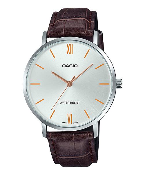 Casio MenÕs Silver Analog Watch with Orange Accents and Brown Leather Strap - MTP-VT01L-7B2