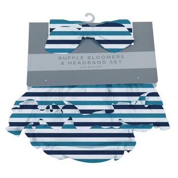 Blue and White Stripe Ruffle Bamboo Bloomer Headband Set