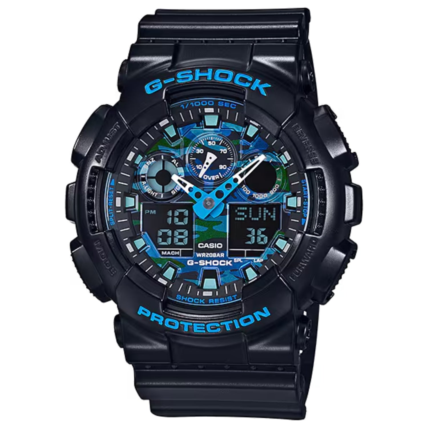 Casio G-Shock Analog Digital Watch with Blue Camouflage Dial and Shock Resistant Design - GA-100CB-1ACR