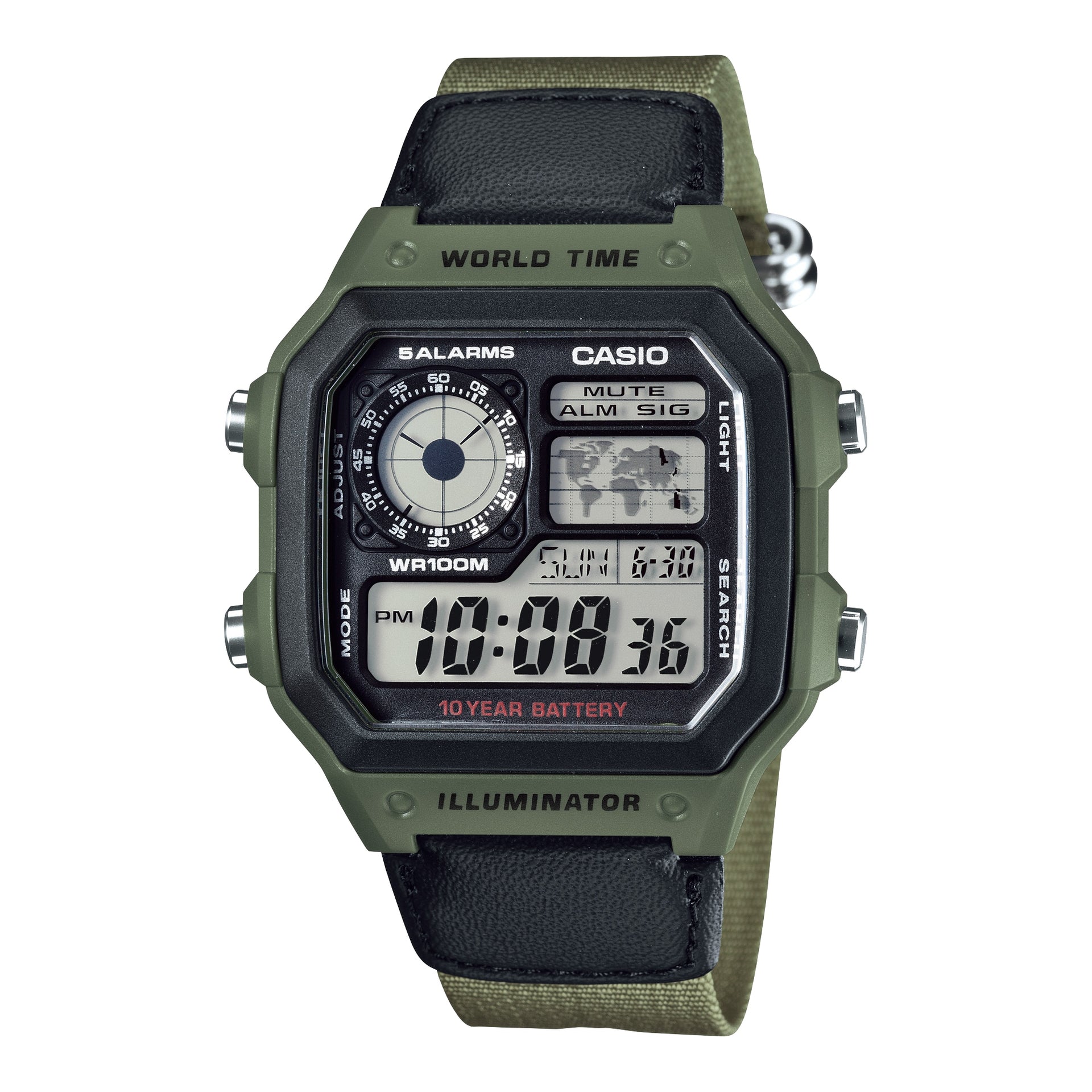 Casio Men’s Digital World Time Watch with Black Dial and Green Band - AE-1200WHB-3BV