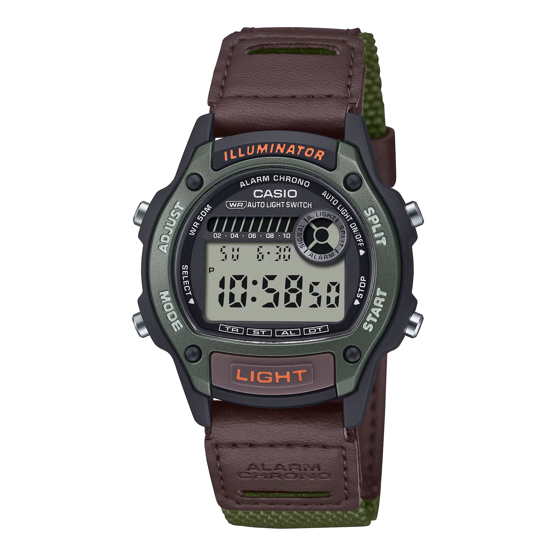 Casio Men’s Digital Illuminator Chronograph Watch with Brown and Green Strap - W-220HF-3AV