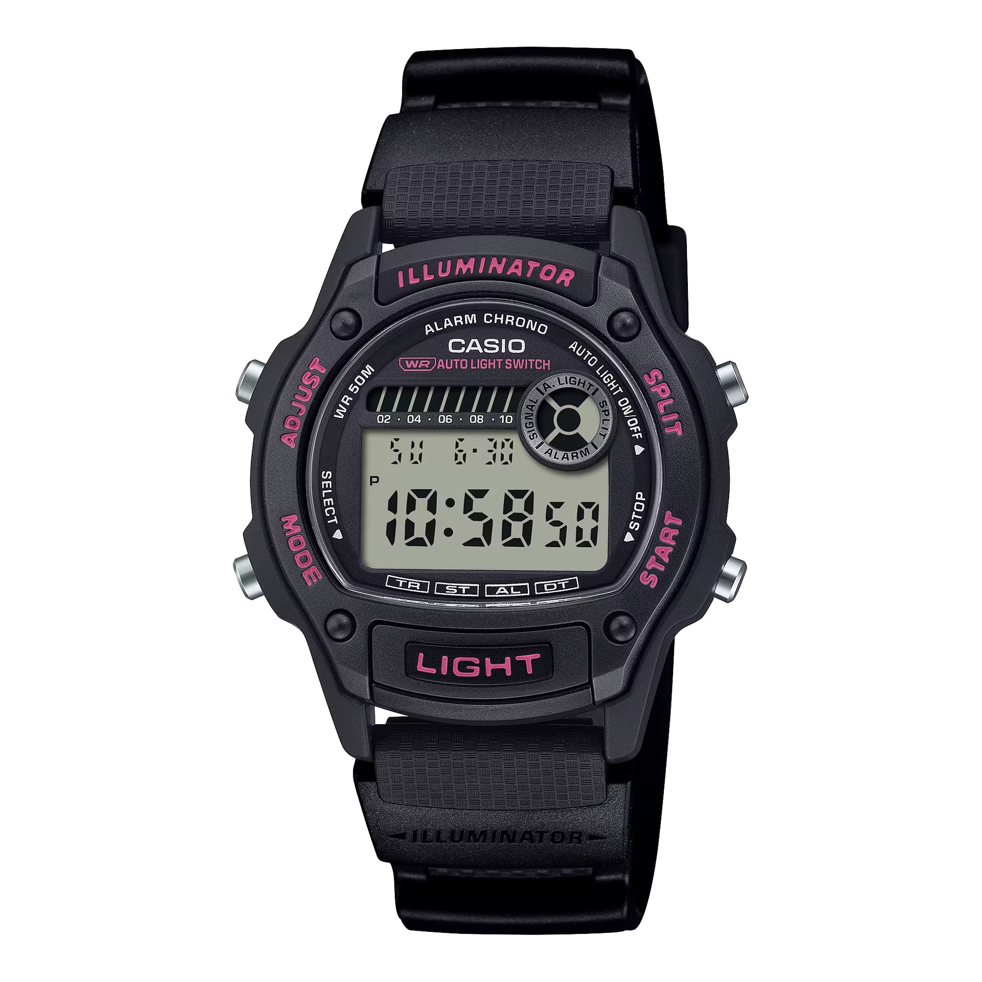 Casio Men’s Black Digital Watch with Gray Dial and Pink Accents - W-220H-1A2V