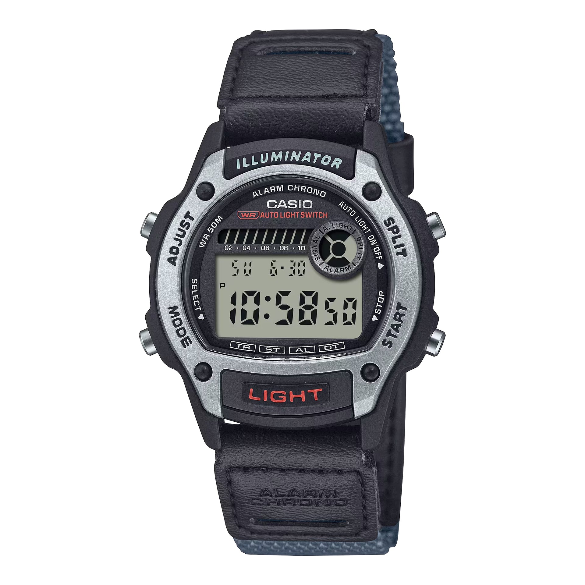Casio Men’s Digital Illuminator Chronograph Watch with Black Leather and Gray Cloth Band - W-220HF-8AV