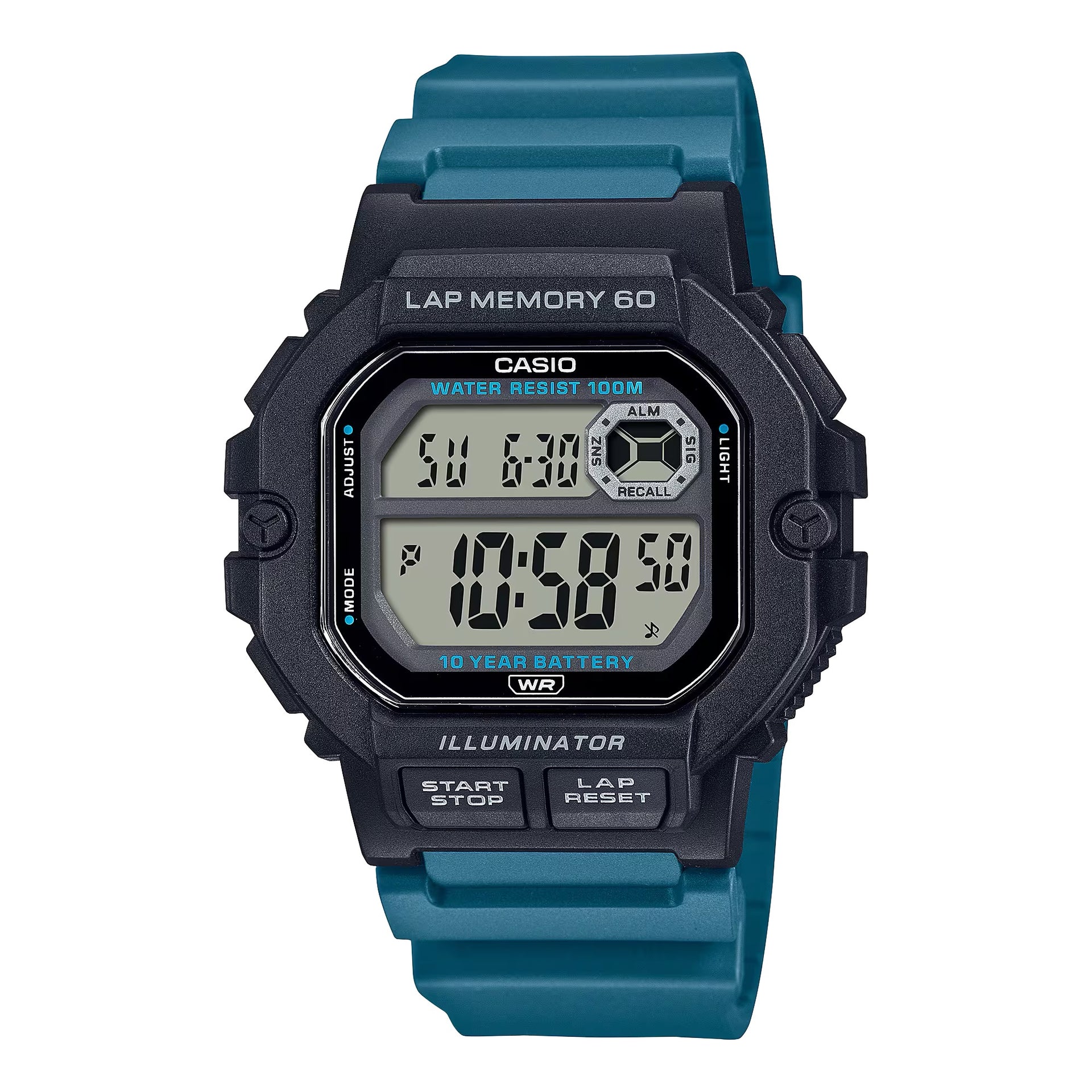Casio MenÕs Black and Teal Digital Sport Watch with Grey Dial - WS-1400H-3AVCF
