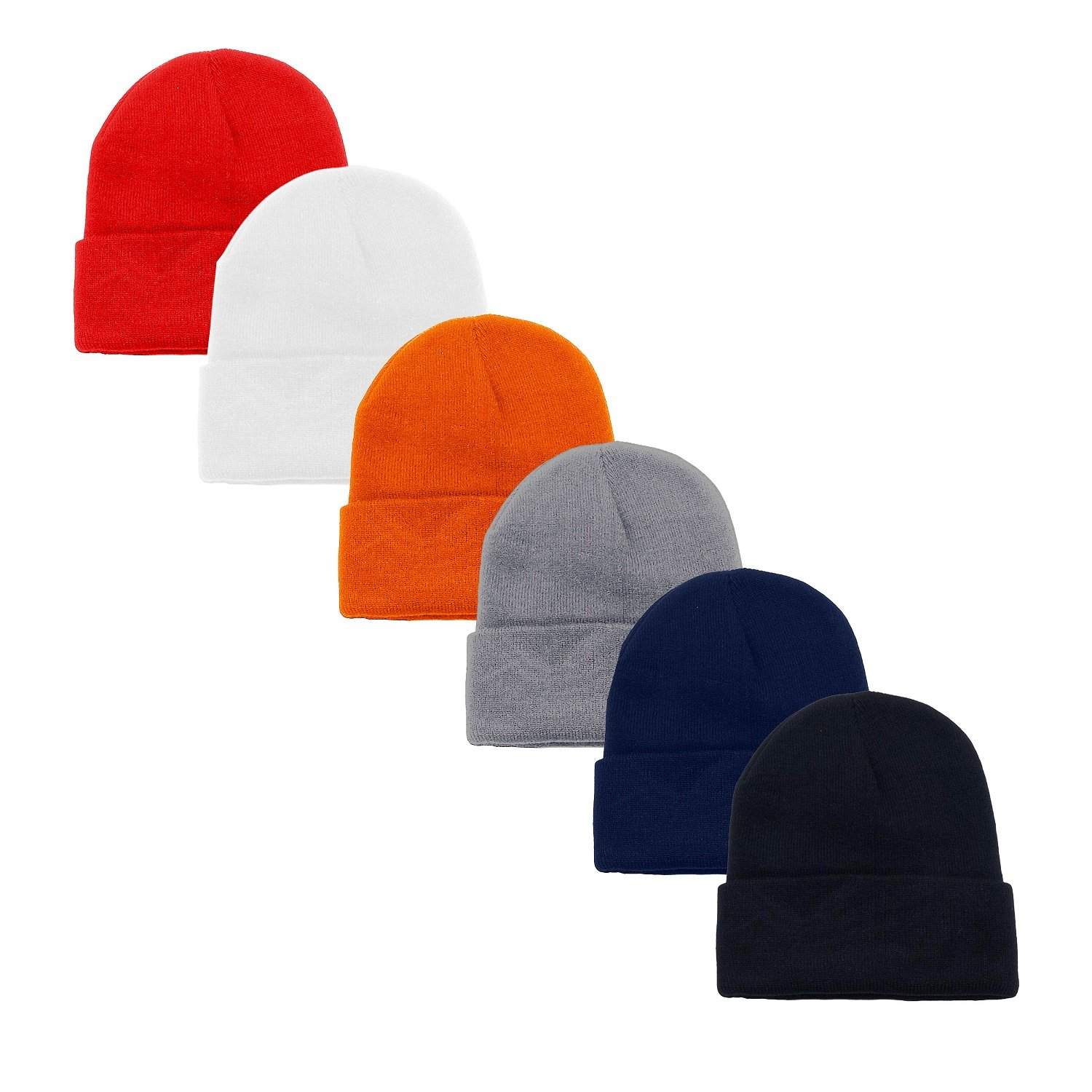 6 Pack Plain Long Cuffed Beanie for Mens and Womens Skulls